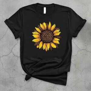 Leopard Sunflower Graphic T-Shirt – Rustic Country Floral Tee – Boho Western